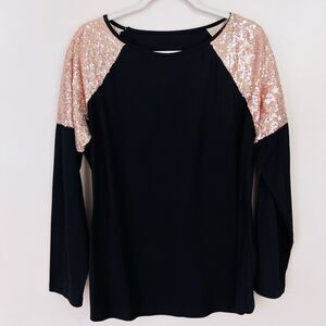 Shimmery Black & Rose Gold Sparkly Sequin Shoulder Stretchy Blouse Plus Size 2X